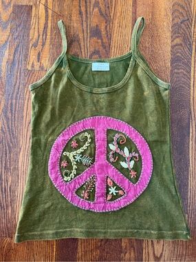 The Collection Royal Olive Green Tank Top with Pink Peace Applique
